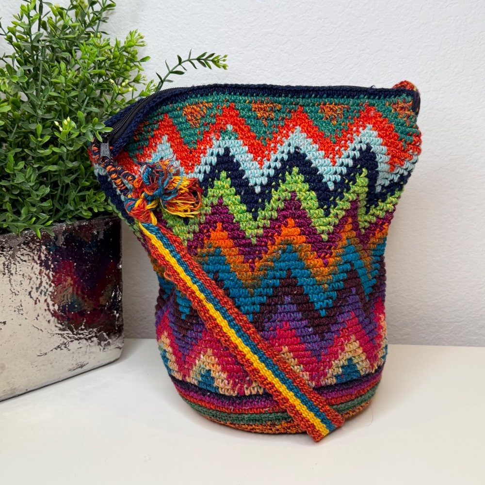 Unbranded Crochet Crossbody Bag Womens Multicolor Chevron Boho Artisan OS